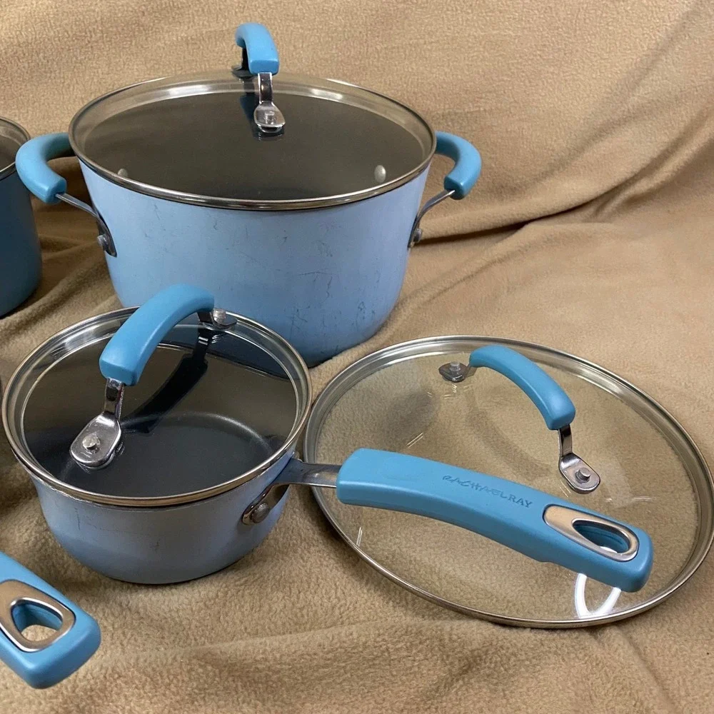 Rachael Ray Cookware Set 8pc Sky Blue Nonstick Porcelain Enamel Kitchen Pots GUC